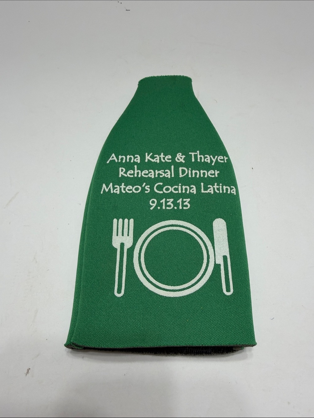 Green Rehearsal Dinner Anna Kate & Thayer Bottle Koozie